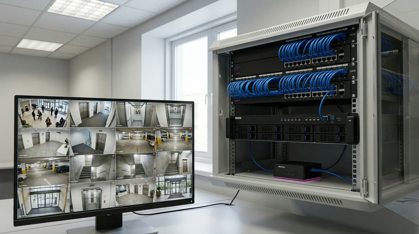 A building's technical room: a rack with two full network switches and an existing video recorder, the small Watchful Box on the shelf below with one cable into a switch, and a monitor showing sixteen camera views.