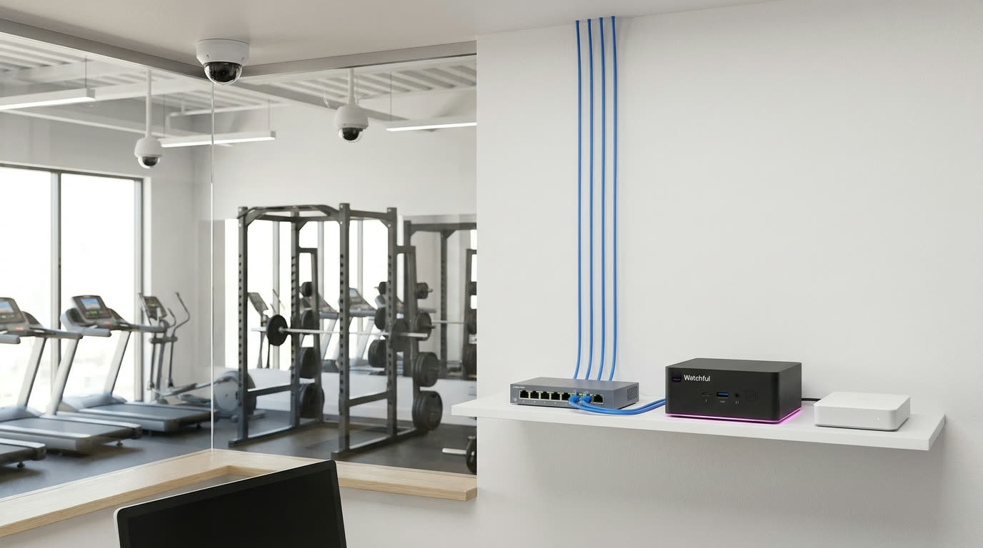 A shelf in a small gym's office: a PoE switch with four camera cables running up the wall, one cable to the Watchful Box, and the white 10 TB drive beside it. The gym floor with dome cameras is visible through the glass.