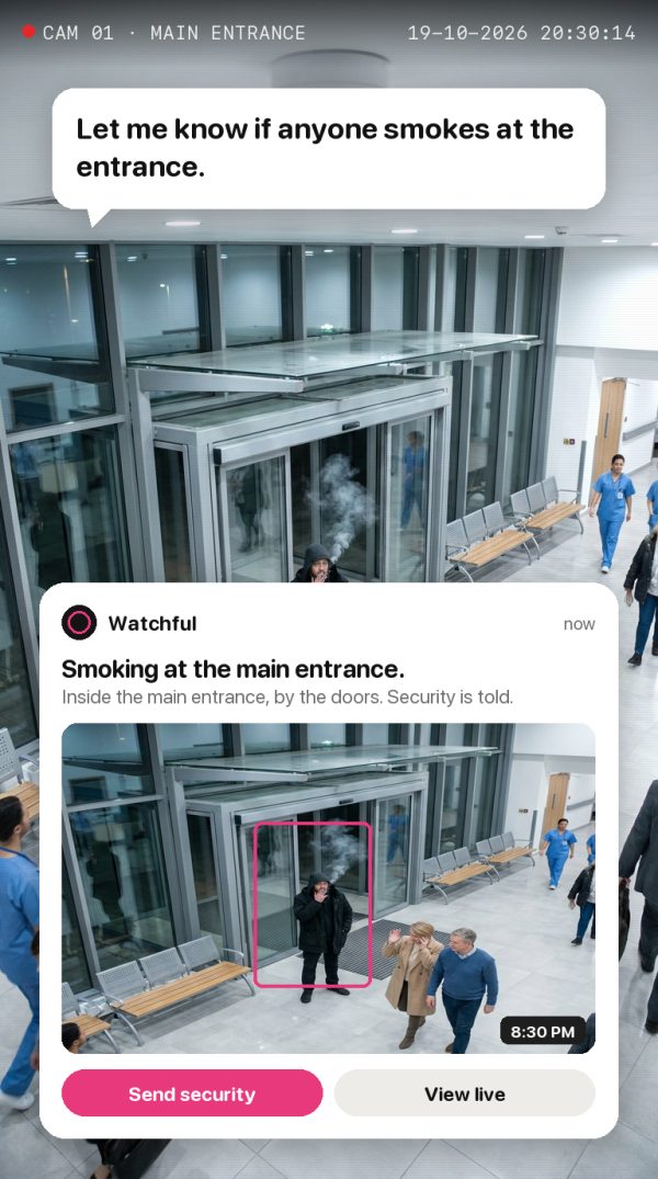 Let me know if anyone smokes at the entrance. Alert: Smoking at the main entrance. Inside the main entrance, by the doors. Security is told.