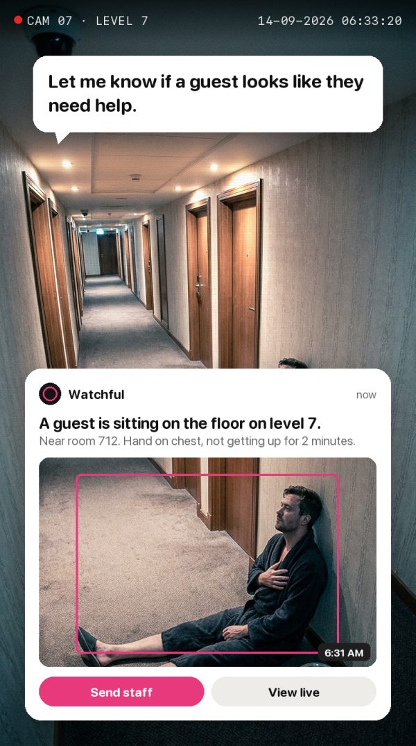 Let me know if a guest looks like they need help. Alert: A guest is sitting on the floor on level 7. Near room 712. Hand on chest, not getting up for 2 minutes.