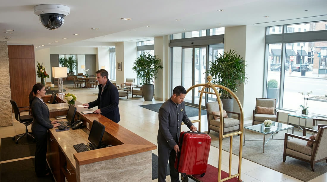 In the lobby, a porter loads a red suitcase onto a brass luggage trolley at the bell desk while a guest checks in.
