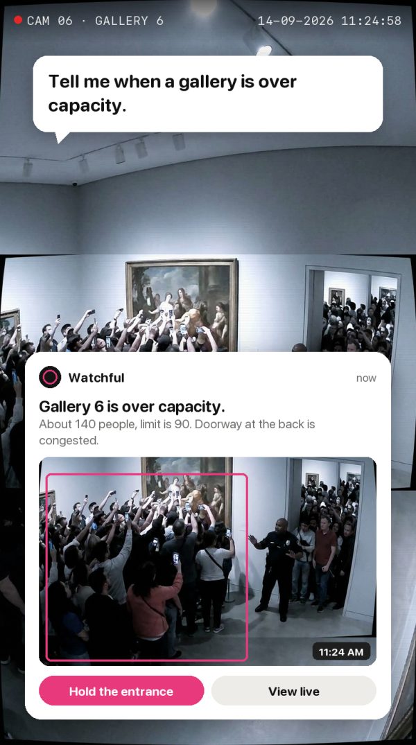 Tell me when a gallery is over capacity. Alert: Gallery 6 is over capacity. About 140 people, limit is 90. Doorway at the back is congested.