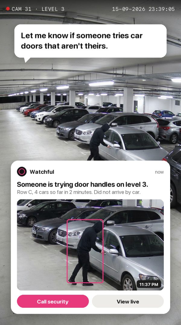 Let me know if someone tries car doors that aren't theirs. Alert: Someone is trying door handles on level 3. Row C, 4 cars so far in 2 minutes. Did not arrive by car.