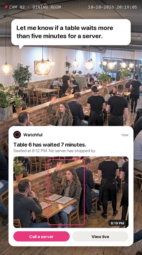Let me know if a table waits more than five minutes for a server. Alert: Table 6 has waited 7 minutes. Seated at 8:12 PM. No server has stopped by.