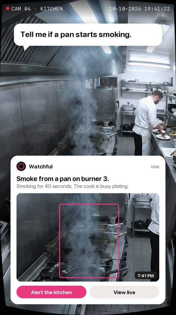 Tell me if a pan starts smoking. Alert: Smoke from a pan on burner 3. Smoking for 40 seconds. The cook is busy plating.