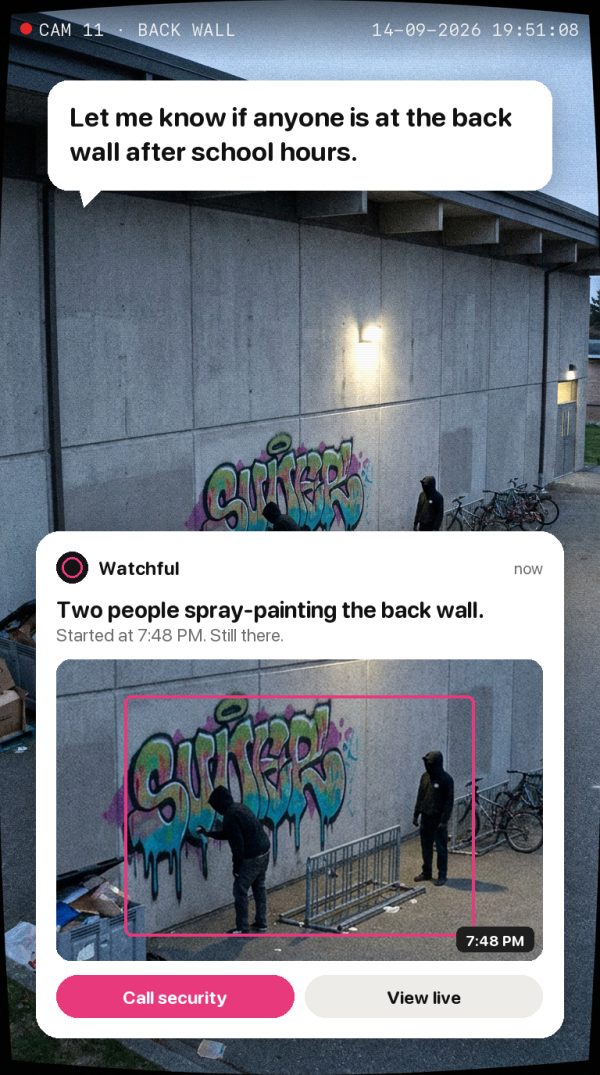 Let me know if anyone is at the back wall after school hours. Alert: Two people spray-painting the back wall. Started at 7:48 PM. Still there.