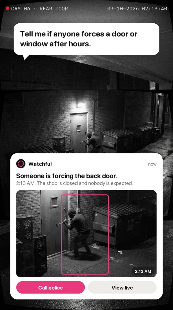 Tell me if anyone forces a door or window after hours. Alert: someone is forcing the back door at 2:13 AM.